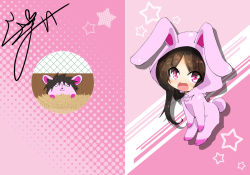 Rule 34 | 1girl, :d, animal costume, animal hood, artist name, hands on own thighs, hood, jinguu (4839ms), looking at viewer, mouse (animal), onesie, open mouth, original, parted lips, pink background, rabbit costume, rabbit hood, rabbit tail, signature, smile, solo, standing, star (symbol), star print, tail