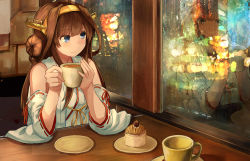 Rule 34 | 10s, 1girl, ahoge, bare shoulders, blue eyes, brown hair, cake, dessert, detached sleeves, double bun, food, fruit, hair bun, hair ornament, hairband, headgear, highres, japanese clothes, kantai collection, kongou (kancolle), kongou kai ni (kancolle), long hair, long sleeves, looking to the side, mont blanc (food), night, nontraditional miko, okitsugu, plate, reflection, restaurant, solo, strawberry, window