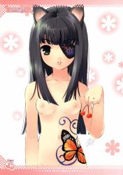 Rule 34 | 1girl, animal ears, artist request, black hair, breasts, cat ears, character request, cherry, eyepatch, flat chest, food, fruit, highres, holding, holding food, holding fruit, ito noizi, long hair, navel, nipples, small breasts, solo, source request, tattoo
