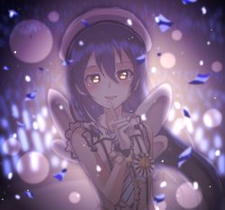 Rule 34 | 1girl, arrow hair ornament, artist name, artist request, bare shoulders, blue hair, blush, braid, collared shirt, earrings, female focus, flower, gloves, hair between eyes, hair flower, hair ornament, hairclip, hat, jewelry, long hair, looking at viewer, love live!, love live! school idol festival, love live! school idol festival all stars, love live! school idol project, necktie, parted lips, ribbon, shirt, smile, solo, sonoda umi, standing, star (symbol), star hair ornament, white gloves, yellow eyes