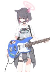 Rule 34 | 1girl, absurdres, animal ears, bass guitar, black choker, black hair, black mask, blue archive, cat ears, choker, closed mouth, clothes around waist, collarbone, extra ears, feet out of frame, fender jazz bass, hair ornament, hairclip, halo, highres, instrument, jacket, jacket around waist, kazusa (band) (blue archive), kazusa (blue archive), mask, matsuda hikari, mouth mask, official alternate costume, pink hair, pink halo, pleated skirt, red eyes, shirt, short hair, short sleeves, simple background, skirt, solo, surgical mask, thigh strap, white background, white shirt, white skirt