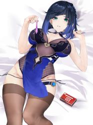 Rule 34 | 1girl, absurdres, asymmetrical hair, bad id, bad pixiv id, bed sheet, black leotard, black panties, blue hair, braid, breasts, brown thighhighs, center opening, cleavage, commentary, condom, condom box, diagonal bangs, feet out of frame, fishnets, french braid, from above, furrowed brow, genshin impact, green eyes, groin, highleg, highleg leotard, highres, holding, holding condom, large breasts, leotard, lipstick, looking at viewer, lying, makeup, okamoto condoms, on back, panties, panty straps, parted lips, pelvic curtain, product placement, purple lips, ritalem, short hair, single braid, skin tight, sleeveless, solo, thigh strap, thighhighs, underwear, used condom, vision (genshin impact), yelan (genshin impact)