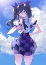 Rule 34 | 1girl, absurdres, black neckwear, black skirt, blue sky, brown hair, closed mouth, cloud, cloudy sky, collar, gunnjou yosio, hair between eyes, hair ribbon, hand on own hip, hand up, hat, highres, himekaidou hatate, long hair, looking to the side, phone, plaid, plaid skirt, puffy short sleeves, puffy sleeves, purple eyes, purple hat, purple ribbon, purple skirt, ribbon, shadow, shirt, short sleeves, skirt, sky, solo, standing, sun, sunlight, tokin hat, touhou, twintails, white shirt