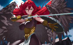 Rule 34 | 1girl, arm shield, black wings, breasts, cowboy shot, facial mark, feathered wings, gloves, hair between eyes, highres, holding, holding sword, holding weapon, indy k, large breasts, long hair, looking at viewer, night, red hair, solo, sword, tensei shitara slime datta ken, weapon, wings, yellow eyes, yellow gloves
