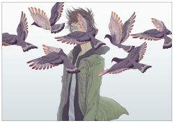 Rule 34 | 1boy, arms at sides, bird, breast pocket, brown hair, covered mouth, giant killing, glowing, gradient background, green eyes, jacket, male focus, one eye covered, pocket, short hair, suicidaaa, tatsumi takeshi