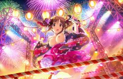 Rule 34 | 10s, 1girl, artist request, black ribbon, breasts, breasts out, brown eyes, brown hair, fireworks, flower, frilled kimono, frills, highres, idolmaster, idolmaster cinderella girls, japanese clothes, jumping, kimono, kimono skirt, microphone, nipples, nude filter, petticoat, pink flower, pink rose, ribbon, rose, smile, solo, thighs, third-party edit, totoki airi, twintails