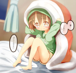 Rule 34 | 1girl, 22m, arms up, barefoot, blanket, blush, brown eyes, brown hair, brown shorts, child, curtains, dutch angle, female focus, full body, green hoodie, have to pee, hood, hoodie, indoors, japanese text, knees up, looking at viewer, matching hair/eyes, night, on bed, open mouth, original, short hair, short shorts, shorts, sitting, solo, speech bubble, talking, tears, translation request, window