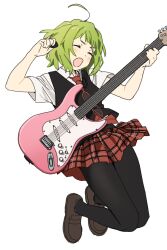 Rule 34 | 1girl, ahoge, black pantyhose, black vest, closed eyes, electric guitar, green hair, guitar, gumi, highres, holding, holding guitar, holding instrument, instrument, jumping, kona ming, loafers, necktie, open mouth, pantyhose, plaid, plaid skirt, plectrum, red necktie, school uniform, setsuna trip (vocaloid), shoes, short hair, skirt, solo, vest, vocaloid, white background