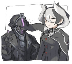 Rule 34 | 1boy, 1girl, black coat, black eyes, bondrewd, cape, coat, ascot, hair between eyes, highres, looking at viewer, made in abyss, mask, multicolored hair, ozen, tirarizun, whistle