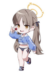 Rule 34 | 1girl, absurdres, bikini, black bikini, blue archive, blue hoodie, blush, brown eyes, brown hair, candy, food, full body, glasses, halo, highres, holding, holding candy, holding food, hood, hood down, hoodie, long hair, long sleeves, moe (blue archive), moe (swimsuit) (blue archive), movcat, navel, official alternate costume, sandals, simple background, smile, solo, swimsuit, twintails, unworn eyewear, white background, yellow halo