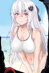 Rule 34 | 1girl, beach, bikini, blue sky, blush, breasts, cleavage, closed mouth, collarbone, day, girls&#039; frontline, hair ribbon, highres, holding hands, iws 2000 (girls&#039; frontline), large breasts, long hair, looking at viewer, medium breasts, navel, ocean, red eyes, ribbon, silver hair, sky, smile, solo, sports bra, swimsuit, umber00, v arms, white background, white bikini