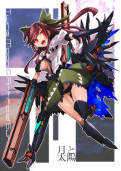 Rule 34 | 1girl, alternate weapon, alternate wings, arm cannon, artificial wings, black gloves, black panties, black thighhighs, bow, breasts, brown hair, cape, elbow gloves, female focus, gloves, hair bow, long hair, mk-5, no bra, open clothes, open mouth, open shirt, panties, pantyshot, puffy sleeves, red eyes, reiuji utsuho, shirt, short sleeves, single thighhigh, skirt, smile, solo, thighhighs, touhou, underwear, upskirt, weapon, wings