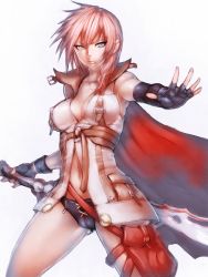 Rule 34 | 10s, 1girl, bag, belt, blue eyes, breasts, cameltoe, cape, cleavage, covered erect nipples, elbow gloves, final fantasy, final fantasy xiii, fingerless gloves, frown, fumio (rsqkr), gloves, jacket, lightning farron, lips, long hair, navel, outstretched hand, panties, pink hair, simple background, solo, sword, thighs, underwear, weapon