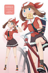 Rule 34 | 1girl, absurdres, alternate costume, bandana, bicycle, black neckwear, blue eyes, blush, bread, bread slice, brown hair, brown skirt, character print, commentary, creatures (company), english commentary, fingerless gloves, food, food in mouth, game freak, gen 3 pokemon, gen 4 pokemon, gloves, grin, highres, holding, knees, legendary pokemon, manaphy, may (pokemon), mouth hold, multiple views, mythical pokemon, necktie, nintendo, one eye closed, pleated skirt, pokemon, pokemon (anime), pokemon (creature), pokemon rse (anime), red bandana, red footwear, red shirt, riding, riding bicycle, scarletsky, school uniform, serafuku, shirt, shoes, short sleeves, skirt, smile, socks, standing, teeth, toast, toast in mouth, torchic, twintails, uniform