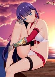 Rule 34 | 1girl, backlighting, bare shoulders, barefoot, bikini, blue eyes, blunt bangs, blush, breasts, choker, closed mouth, collarbone, cross, earrings, elbow gloves, fate/grand order, fate (series), feet, gauntlets, gloves, jewelry, knee up, large breasts, latin cross, long hair, looking at viewer, martha (fate), martha (swimsuit ruler) (fate), martha (swimsuit ruler) (third ascension) (fate), ocean, ppshex, purple hair, red gloves, sitting, smile, solo, sunset, swimsuit, thigh strap, thighs