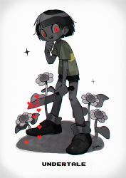 Rule 34 | 1other, blood, bloody knife, bloody weapon, btmr game, chara (undertale), copyright name, flower, heart, holding, holding knife, holding weapon, knife, open mouth, red eyes, sharp teeth, shirt, short hair, shorts, signature, simple background, solo, sparkle, striped clothes, striped shirt, teeth, undertale, weapon