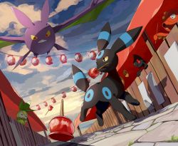 Rule 34 | alternate color, candy apple, cloud, colored sclera, creatures (company), crobat, day, food, from below, game freak, gen 2 pokemon, gen 5 pokemon, highres, market stall, mouth hold, nintendo, no humans, octillery, outdoors, petilil, pokemon, pokemon (creature), red eyes, shiny pokemon, sky, stone floor, teeth, two pokemon, umbreon, yamask, yellow sclera