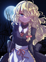 Rule 34 | 1girl, absurdres, ahoge, alternate eye color, apron, artist name, back bow, black bow, black dress, black sky, blonde hair, blue eyes, blue moon, blue sky, bow, bowtie, braid, branch, buttons, closed mouth, collared dress, commentary request, dress, frills, full moon, gradient sky, grey apron, hair between eyes, hair bow, highres, juliet sleeves, kirisame marisa, long hair, long sleeves, looking at viewer, moon, moonlight, night, night sky, no headwear, puffy sleeves, red bow, red bowtie, single braid, sky, smile, solo, standing, star (sky), starry sky, tigern, touhou, tree, wavy hair