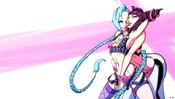 Rule 34 | 2girls, ;p, aqua hair, between breasts, black hair, blue hair, boots, braid, grabbing another&#039;s breast, breasts, bullet, combat boots, crossover, fishnet legwear, fishnets, full body, grabbing, grabbing from behind, gradient background, han juri, hand in pants, hand under clothes, highres, jewelry, jinx (league of legends), league of legends, lips, long hair, looking at viewer, multiple girls, necklace, one eye closed, purple eyes, purple legwear, short shorts, short twintails, shorts, single thighhigh, standing, street fighter, street fighter iv (series), striped, striped background, sven (svenners), thighhighs, toeless legwear, tongue, tongue out, twintails, very long hair, yuri