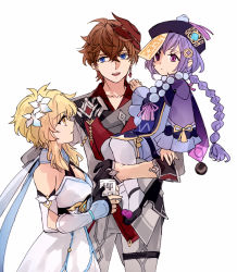 Rule 34 | 1boy, 2girls, bare shoulders, bead necklace, beads, blonde hair, breasts, capelet, cleavage, coat, coin hair ornament, collarbone, dress, flower, gauntlets, genshin impact, hair flower, hair ornament, hat, jewelry, jiangshi, kk (kkgame7733), lifting person, long hair, long sleeves, lumine (genshin impact), mask, mask on head, multiple girls, necklace, orange hair, pants, purple eyes, purple hair, purple headwear, qingdai guanmao, qiqi (genshin impact), simple background, tartaglia (genshin impact), thighhighs, white background, white coat, white dress, white pants, wide sleeves