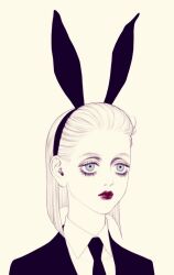 Rule 34 | 1girl, animal ears, bella scottland, black suit, blonde hair, blue eyes, expressionless, eyelashes, fake animal ears, formal, hair slicked back, hunter x hunter, lipstick, looking to the side, lop rabbit ears, makeup, medium hair, necktie, rabbit ears, red lips, shirt, simple background, solo, suit, theta (hunter x hunter), upper body, white background, white shirt