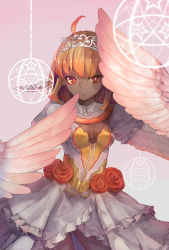 Rule 34 | 1girl, ahoge, breasts, bright pupils, commentary request, contrapposto, cowboy shot, dark-skinned female, dark skin, dress, grey background, harpy, highres, kobutakurassyu, looking at viewer, medium breasts, monster girl, orange hair, original, parted lips, pointy ears, puffy short sleeves, puffy sleeves, red eyes, short hair, short sleeves, simple background, solo, standing, tiara, white dress, winged arms, wings