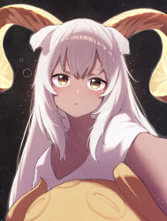 Rule 34 | 1girl, absurdres, animal ears, arknights, beeswax (arknights), beudelb, black background, blush, brown eyes, commentary request, dark-skinned female, dark skin, goat ears, goat girl, goat horns, highres, horns, long hair, looking at viewer, outstretched arm, parted lips, shirt, short sleeves, solo, t-shirt, tearing up, upper body, white hair, white shirt