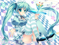 Rule 34 | 1girl, :q, aqua eyes, aqua hair, asymmetrical clothes, checkered background, food, hatsune miku, headdress, high heels, ice cream, kneehighs, long hair, mikeou, musical note, panties, pantyhose, pantyshot, shoes, sitting, socks, solo, star (symbol), striped clothes, striped panties, striped pantyhose, striped socks, striped thighhighs, sundae, thighhighs, tongue, tongue out, tray, twintails, underwear, vertical-striped clothes, vertical-striped socks, very long hair, vocaloid