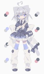 Rule 34 | 1girl, ahoge, animal ears, back bow, black bag, black bow, black jacket, black necktie, black skirt, blue eyes, blue thighhighs, bow, buttons, cat ears, cat girl, cat tail, cellphone, closed mouth, collared shirt, daizu (melon-lemon), detached ahoge, flip phone, flute, full body, grey hair, hair between eyes, hair ornament, hairclip, heart, heart ahoge, holding, holding instrument, huge bow, instrument, jacket, layered skirt, leg warmers, long sleeves, looking at viewer, necktie, original, phone, recorder, shirt, shoes, simple background, skirt, solo, standing, sweat, tail, tail bow, tail ornament, thighhighs, uwabaki, white background, white bow, white footwear, white shirt, white skirt, white thighhighs, zettai ryouiki