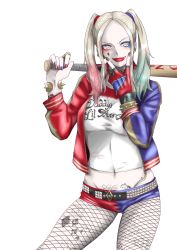 Rule 34 | 1girl, absurdres, baseball bat, batman (series), blonde hair, blue eyes, blue hair, breasts, colored tips, dc comics, harley quinn, highres, jacket, lipstick, long hair, makeup, matching hair/eyes, multicolored hair, solo, suicide squad, twintails, weapon