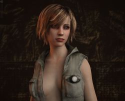 Rule 34 | 1girl, 3d, absurdres, artist request, breasts, heather mason, highres, jacket, lips, looking to the side, medium breasts, no bra, open clothes, open jacket, short hair, silent hill, silent hill (series), silent hill 3, sleeveless, sleeveless turtleneck, solo, turtleneck, vest