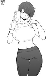 Rule 34 | 1girl, absurdres, artist name, bare shoulders, breasts, cellphone, collarbone, contrapposto, cowboy shot, crop top, greyscale, highres, large breasts, looking at viewer, midriff, monochrome, navel, norman maggot, olive laurentia, original, pants, phone, pixie cut, selfie, short hair, simple background, smartphone, smile, solo, sports bra, sweatband, thigh gap, tight clothes, tight pants, tongue, tongue out