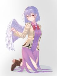 Rule 34 | 1girl, angel wings, blush, boots, bow, bowtie, breasts, brooch, brown footwear, brown jacket, closed mouth, commentary, doitsuudon, dress, full body, grey background, hair between eyes, highres, jacket, jewelry, kishin sagume, kneeling, looking at viewer, medium breasts, purple dress, purple hair, red bow, red bowtie, red eyes, short hair, simple background, single wing, smile, solo, touhou, wings