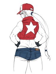 Rule 34 | 1girl, ass, back, bare shoulders, baseball cap, closed mouth, cowboy shot, cropped jacket, denim, denim shorts, expressionless, from behind, genderswap, genderswap (mtf), gloves, hair tie, hands on own hips, hat, hero (do-belman), highleg, highleg panties, jacket, legs apart, long hair, looking to the side, micro shorts, midriff, muscular, muscular female, panties, pantylines, partially colored, ponytail, red hat, red jacket, short shorts, shorts, simple background, sleeveless, sleeveless jacket, snk, snk heroines: tag team frenzy, solo, star (symbol), string panties, terry bogard, tight clothes, underwear, white background