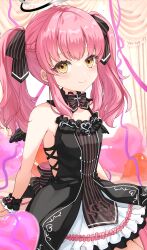 Rule 34 | absurdres, angel wings, backless dress, backless outfit, balloon, bare shoulders, black dress, black ribbon, black wings, blush, breasts, datenchi yua, detached collar, double halo, dress, frilled dress, frills, hair ornament, halo, heart balloon, highres, indie virtual youtuber, kudoukudokudo, long hair, looking at viewer, mini wings, ribbon, sleeveless, sleeveless dress, small breasts, twintails, two-tone dress, virtual youtuber, white dress, wings, wrist cuffs, yellow eyes