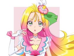 Rule 34 | 1girl, :o, alternate hairstyle, blonde hair, choker, clothing cutout, commentary request, cure summer, earrings, eyelashes, flower, fpminnie1, gloves, gradient hair, green eyes, hair down, hair flower, hair ornament, heart cutout, highres, jewelry, long hair, looking at viewer, magical girl, multicolored clothes, multicolored eyes, multicolored hair, natsuumi manatsu, open mouth, pink eyes, pink hair, pink ribbon, precure, ribbon, sketch, solo, standing, tropical-rouge! precure, white choker, white gloves
