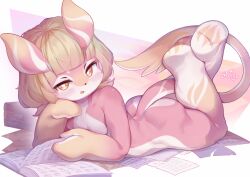 Rule 34 | 1girl, absurdres, animal ears, animal nose, barefoot, blonde hair, blunt bangs, blush, character request, chinese commentary, commentary request, completely nude, dated, feet up, full body, furry, furry female, genshin impact, highres, innerkey (kgfw5338), looking at viewer, lying, melusine (genshin impact), multicolored fur, nude, on stomach, open mouth, orange eyes, orange fur, pink fur, revision, short hair, signature, solo, tail, the pose, white fur
