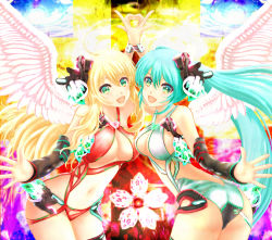 Rule 34 | 2girls, aqua hair, ass, baunzel, blonde hair, breasts, cleavage, green eyes, hatsune miku, highres, hoshii miki, idolmaster, idolmaster (classic), leaning forward, long hair, midriff, multiple girls, navel, open mouth, smile, swimsuit, symmetrical hand pose, symmetry, twintails, very long hair, vocaloid, wings