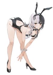 Rule 34 | 1girl, absurdres, alternate costume, animal ears, back cutout, bare shoulders, bent over, black footwear, black hair, black leotard, bow, bowtie, breasts, cleavage, clothing cutout, creature, creature on shoulder, detached collar, dimas (dimas79756948), full body, grey hair, hair half over shoulder, hair ornament, hairband, hairclip, hashtag-only commentary, high heels, highres, hololive, hololive english, legs, leotard, looking at viewer, medium breasts, multicolored hair, on shoulder, playboy bunny, rabbit ears, shiori novella, solo, split-color hair, strapless, strapless leotard, two-tone hair, virtual youtuber, white background, white wrist cuffs, wolf cut, wrist cuffs, yellow eyes, yorick (shiori novella)