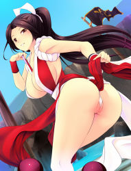 Rule 34 | 1girl, armpits, ass, bent over, breasts, brown hair, cleavage, cleft of venus, fatal fury, highres, katori (mocchidou), large breasts, long hair, looking at viewer, partially visible vulva, ponytail, shiranui mai, sideboob, smile, solo, the king of fighters, thighs, twisted torso, wedgie