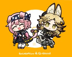 Rule 34 | 2girls, animal ear fluff, animal ears, arknights, black headband, black jacket, black shirt, black skirt, blonde hair, bright pupils, brown hair, brown shorts, cat ears, cat girl, cat tail, character name, chibi, chibi only, closed eyes, clothes around waist, coat, colored tips, commentary, dog-san, full body, fur-trimmed jacket, fur trim, goldenglow (arknights), headband, highres, infection monitor (arknights), intertwined tails, jacket, jacket around waist, lightning bolt print, medium hair, messy hair, multicolored hair, multiple girls, open mouth, orange background, parted bangs, pink coat, pink hair, quercus (arknights), scottish fold, shirt, short hair, shorts, signature, simple background, skirt, tail, thighhighs, white background, white pupils, yellow eyes