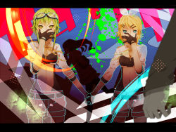 Rule 34 | 2girls, 397 (artist), aiguillette, aqua eyes, bad id, bad pixiv id, blonde hair, covering own mouth, goggles, goggles on head, green eyes, green hair, gumi, hair ornament, hair ribbon, hairclip, hand over own mouth, holding hands, kagamine rin, letterboxed, looking at viewer, multiple girls, navel, pietani397, ribbon, short hair, shorts, vocaloid