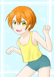 Rule 34 | 10s, 1girl, flat chest, hoshizora rin, i8255, looking at viewer, love live!, love live! school idol project, no bra, open mouth, orange hair, short hair, shorts, smile, solo, standing, tank top, yellow eyes