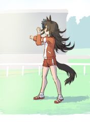 Rule 34 | 1girl, animal ears, blue hat, brown hair, commentary request, cross-body stretch, day, full body, hat, highres, horse ears, horse girl, horse tail, jacket, long hair, long sleeves, nametake, outdoors, red jacket, red shorts, rice shower (umamusume), shoes, shorts, sneakers, socks, solo, standing, stretching, tail, track jacket, umamusume, white socks