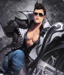 Rule 34 | 1boy, aviator sunglasses, boots, brown hair, card (medium), chaos online, jacket, kanzel (chaos online), looking at viewer, love cacao, male focus, motor vehicle, motorcycle, official art, open clothes, open jacket, short hair, solo, sunglasses, vehicle