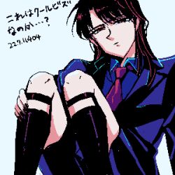Rule 34 | 1boy, black socks, blue background, closed mouth, collared shirt, commentary request, dated, feet out of frame, formal, grey shirt, half-closed eyes, ichijou seiya, jacket, kaiji, long hair, long sleeves, looking at viewer, lowres, male focus, medium bangs, necktie, pixel art, purple jacket, purple shorts, red eyes, red hair, red necktie, shirt, shorts, simple background, socks, solo, suit, translation request, unknown03162