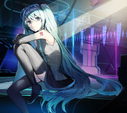 Rule 34 | 1girl, aqua eyes, aqua hair, bare shoulders, blue eyes, blue hair, blue necktie, boots, breasts, closed mouth, commentary, detached sleeves, hair between eyes, hair ornament, hatsune miku, highres, kitada mo, light, long hair, looking at viewer, necktie, shadow, shoulder tattoo, sitting, skirt, solo, tattoo, thigh boots, thighhighs, twintails, very long hair, vocaloid, zettai ryouiki