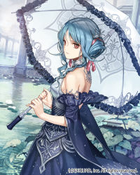Rule 34 | 1girl, arch, bad id, bad pixiv id, bare shoulders, blue dress, blue hair, choker, closed mouth, cowboy shot, cross-laced clothes, crown, detached sleeves, dragon&#039;s shadow, dress, flower, from side, hair between eyes, hair ribbon, holding, holding umbrella, lace-trimmed sleeves, lace trim, leaf, lily pad, long hair, official art, parasol, pillar, pink ribbon, red eyes, ribbon, solo, swept bangs, umbrella, water, water drop, watermark, white flower, yna