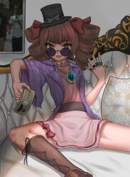 Rule 34 | 1girl, :d, absurdres, arm rest, banknote, blunt bangs, boots, bow, breasts, bright pupils, brown eyes, brown footwear, brown hair, couch, cross-laced footwear, dress, drill hair, eyewear on head, fang, feet out of frame, fingernails, frills, fx3-saro, grey dress, hand up, hat, highres, holding, holding money, indoors, jewelry, long hair, looking at viewer, money, necklace, open mouth, painting (object), pillow, raised eyebrow, ring, round eyewear, short sleeves, sitting, small breasts, smile, solo, spread legs, sunglasses, tongue, top hat, touhou, twin drills, white pupils, wide sleeves, yorigami jo&#039;on