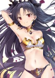 Rule 34 | 1girl, arm up, armpits, black bow, black hair, black panties, blurry, blush, bow, breasts, cleavage, closed mouth, collarbone, cowboy shot, depth of field, detached collar, earrings, fate/grand order, fate (series), hair bow, hoop earrings, ishtar (fate), jewelry, long hair, looking at viewer, medium breasts, navel, panties, parted bangs, petals, red eyes, smile, solo, tohsaka rin, tsurime, two side up, underwear, upper body, yoshida iyo